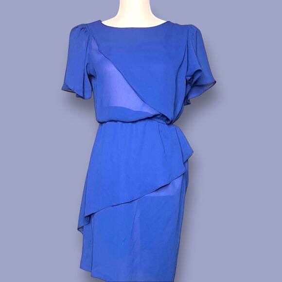 Vintage 70s Sheena Size XS Blue Sheer Chiffon Dress Ruffle Peplum Disco Career - Picture 1 of 12